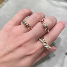 Band Rings V Gold High Edition Pure Silver KNOT Coarse Diamond Set Full Ring Quality T Home Fine Half Gu Ailing Same Style Q240507