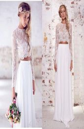 2019 Two Pieces Crop Top Beach Bohemian Wedding Dresses Chiffon Ruched Floor Length Wedding Gowns Spring Lace Long Sleeve Wedding 8323766