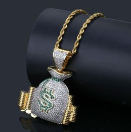 US Money Bag Stack Cash Coins Pendant Necklaces Gold Iced Out Bling Cubic Zircon Necklace Men Hip Hop Jewelry5600156