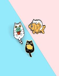 European Enamel Cat Goldfish Brooch Unisex Kitten Potted Clothes Lapel Pins Alloy Animals Plant Backpack Hat Sweater Corsage Badge5340130