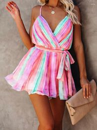 Casual Dresses 2024 Pink Bohemian Tie-dyed Sexy Spaghetti Strap Summer Beach Dress Chiffon Tunic Women Elegant Backless Mini C1A401