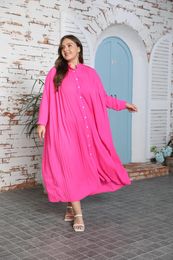 Plus Size Dresses Women Casual V-Neck Pleated Pink Dress Sexy Button Half Sleeve Elegant Party Maxi Robe 2024 Summer Office Lady