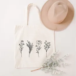 Shopping Bags Flower Sketch Print Aesthetic Kawaii Ins Travelling Women Casual Handbags Vintage Y2k Shoulder Eco Bag