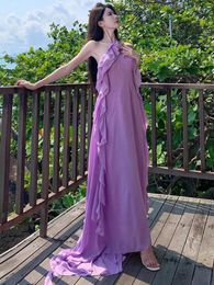 Casual Dresses Summer Purple Sexy Club Off Shoulder Slim Backless Ruffles Long Dress Ladies Fashion Banquet Evening Party Halter Robe