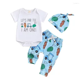 Clothing Sets Summer Infant Baby Boy Birthday Outfit Letter Print Short Sleeve Romper Elastic Waist Printed Pants Hat Clothes Set