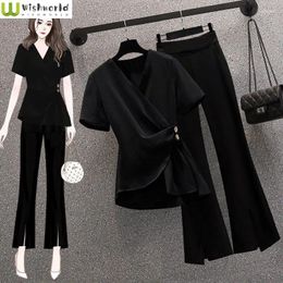Women's Two Piece Pants Temperament Waist Collection Chiffon Shirt Set For Summer Western-style Slimming Micro Flared Two-piece