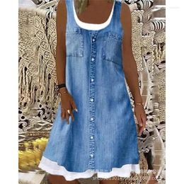 Casual Dresses Wepbel Summer Denim Printed Loose Dress Women Tank Sleeveless Short O-neck Vest Top Buttoned