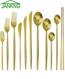 JANKNG 6Pcs Gold Stainless Steel Dinnerware Sets Forks Knives Chopsticks Little Spoon for Coffee Kitchen Tableware Party Accessory5055223