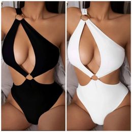 Women's Swimwear Arrival Padded Ring Sexy Solid Color One-piece Cross Single Shoulder Hollow Bikini Swimming Suits For Women