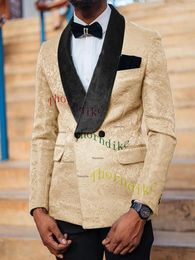 Men's Suits Thorndike Champange Jacquard Suit Slim Fit Double Breasted Wedding For Men Formal Prom Tuxedo 2 Pcs Blazer Pant Sets