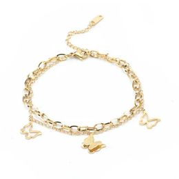 Bangle 316L Stainless Steel New Fashion Upscale Jewellery 2 Layer Hollow Frosted Butterfly Charm Thick Chain Bracelets Bangles For Women