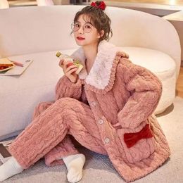 Women's Sleepwear 2024 Pyjama Women Winter Coral Velvet Loungewear Three-layer Padded Cotton Sweet Flannel Homewear Two-piece Suit