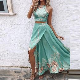 Work Dresses Sexy Halter Hollow Sleeveless Top With Long Skirt Suit 2024 Summer Pattern Printed Slim Outfit Fashion Party Two Piece Sets
