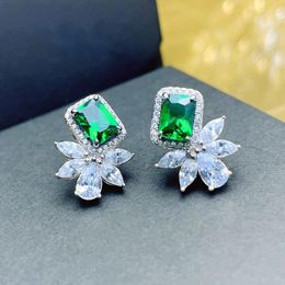 Stud Earrings Vintage Luxury Square Green Crystal 925 Sterling Silver Flower Zircon For Women Wedding Birthday Jewellery Gifts