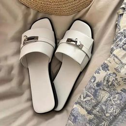 selling womens slippers peeping toes flat shoes metal decorations designers womens mules brand runway sliders womens sandals MUJI products in 2024 240426