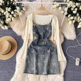 Work Dresses Neploe Embroidery Butterfly Slim Waist Denim Camisole Dress Y2k Long Sleeve Knitted Cardigan 2024 Summer Two Piece Sets