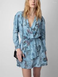 Casual Dresses Women Butterfly Skulls Floral Print Dress Vintage Silk Elastic Waist Long Sleeve Female V-neck Mini Robe Spring Summer 2024