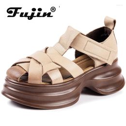 Sandals Fujin 6cm Women Weave Natural Cow Genuine Leather Moccasins British Hook Platform Wedge Ladies Mary Jane ROME Summer Shoes
