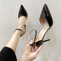 Dress Shoes Summer Sandals Pointed Toe Women's Thin Heel Shallow Mouth Strap Buckle High Heels Patent Leather Simple