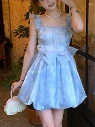 Party Dresses Backless Blue France Vintage Mini Dress Women Bow Flying Sleeve Sweet Elegant Female Korea Evening Summer 2024