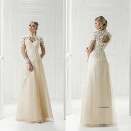 2020 Modest A Line Evening High Neck Keyhole Hollow Up Long Sleeve Formal Dresses Lace Applique Floor Length Party Gown 0508