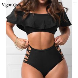 Women's Swimwear Vigorshely Plus Size Ruffle Off Shoulder Women Sexy Solid High Waist Bikini 2024 Hollow Brazilian Swimsuit Bathing Suit