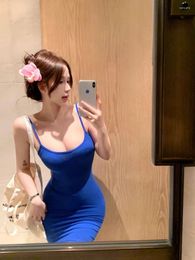 Casual Dresses Sweet Girl Blue Backless Strap Dress For Women's Summer Pure Sexy Tight Fitting Buttocks Short Fashion Female Clothes