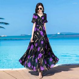 Party Dresses 2024 Summer Chiffon Printed Long Beach Dress Women's Fashion Elegant Slim Oversize 4XL Large Swing Bohemian
