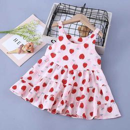 Girl's Dresses New strap dress for girls childrens clothing strawberry flower princess wedding dress summer birthday party baby dress A1113L240508