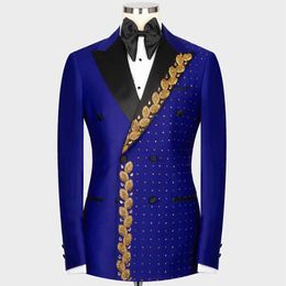 Men's Suits Blazers Royal grooms wedding tailcoat gold bead lapel mens set customized double breasted ball jacket pants 2 pieces of party dress Q240507