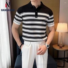 Men's Polos Striped Color-blocked Knitted Polo Shirt With A Turned-down Collar Business And Casual Short-sleeved Shirt.