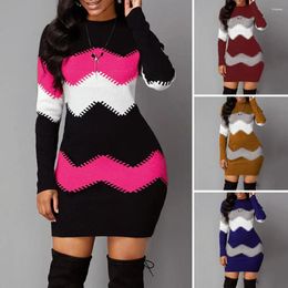 Casual Dresses Women Printed Dress Elegant Striped Mini For Plus Size Fashion Print Long-sleeve O-neck Slim Knitted Bodycon