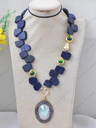 Pendant Necklaces Z13273 19" Blue Trapezium Lapis Lazuli Ancient Glass Necklace Mabe Pearl CZ Custom Jewelry
