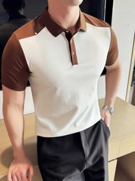 Men's Polos Summer Polo Shirt Mens Fashion Contrast Colour O-Neck Short Sleeve Knitted Sports Slimming Fitness Suit A63 Q240508