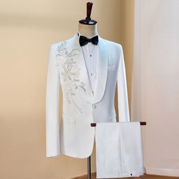 New Men Wedding Suit Embroidery Blazer Pants Set Male Host Singer Chorus Stage Performance Suit Groom Banquet Party Photographic Studio 2 Pieces Outfit