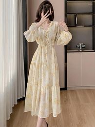 Casual Dresses 2024 Boho Floral Chiffon A-Line Long Dress Spring Summer Fashion Chic Ruffled V-Neck Women Korean Elegant Bodycon Robe