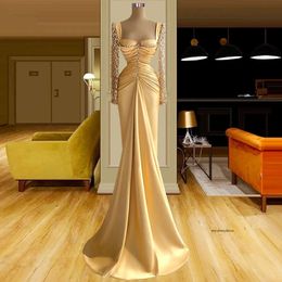 Champagne Mermaid Prom Dresses Princess Bateau Appliques Sequins Beads Satin Lace Long Sleeves Side Slit Floor Length Party Gowns Plus Size Custom Made 0508