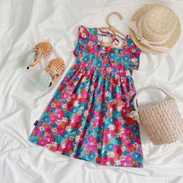Sukienki dla dziewczyn dziewczynki i dziecięce latające rękawy sukienka bawełny moda kwiat Baby Flower Print Princess Shleeless sukienka na imprezę wisząca 3-9YL240508