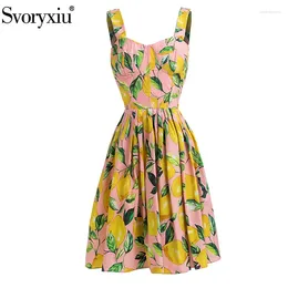 Casual Dresses Svoryxiu Summer Fashion Elegant Lemon Print Cotton Mini Dress Women's Square Collar High Waist Slim Vacation Party Short