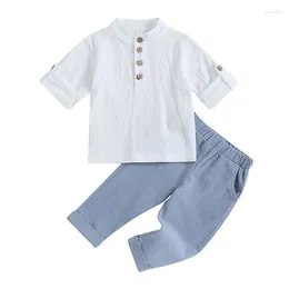 Clothing Sets Kids Boys Summer Outfits Solid Color Buttons Short Sleeve Shirts And Elastic Waist Long Pants 2Pcs Children Clothes Set