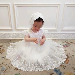 Christening dresses Newborn lace chiffon dress baby girl white baptismal pleated flight sleeves wedding party princess dress+hat 2PCS set Q240507