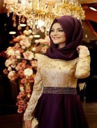 Muslim Evening Dresses Aline Long Sleeves Purple Embroidery Hijab Islamic Dubai Abaya Kaftan Long Evening Gown Prom Dress5902557