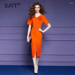 Party Dresses ZJYT Elegant Summer For Women 2024 Luxury Buttons 3D Floral Midi Straight Evening Dress Short Sleeve Orange Robe
