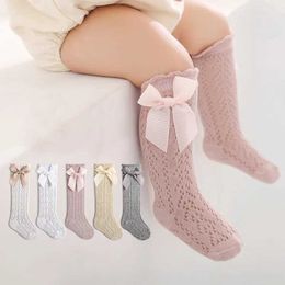 Kids Socks Cute Girls Knee High Socks Bows Cotton Breathable Soft Children Socks Hollow Out Non-slip Newborn Infant Long Mesh Socks 0-3Yrs