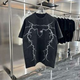 High version Paris new couple short sleeved T-shirt summer loose lightning print washed old men and women half sleeves