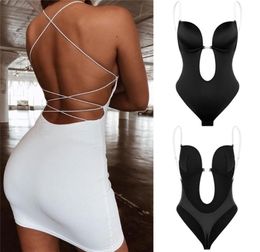 Women Shapewear Faja Waist Trainer Shaper Body Tummy Shaper Deep V Bodysuit Clear Strap Backless Plunge Thong Push Up padded Bra 27489863