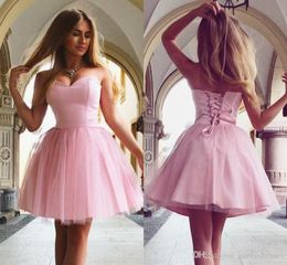 Simple Little Pink Short Homecoming Dresses Strapless Tulle Knee Length Evening Gowns Girls Sweet 16 Party Dress Custom Made Onlin8244755