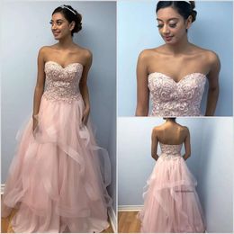 Customized A Line Sleeveless Prom Dresses Strapless Evening Dress Tulle Crystal Pears Floor Length Zipper Formal Party Bridesmaid Gown 0508