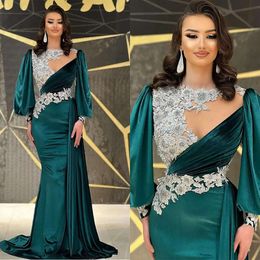 Long-Sleeves Sage Jewel Made Custom Dress Prom Veet Appliques Race Floor-Length Formal Party Evening Dresses es