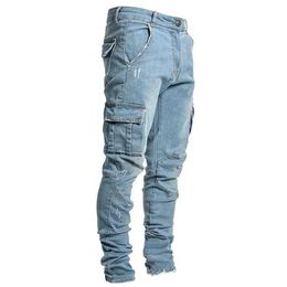 hionable streetwear tear tight jeans mens side pockets denim cargo pants ultra-thin fit Pantalones Hombre soft and elastic joggers J240507